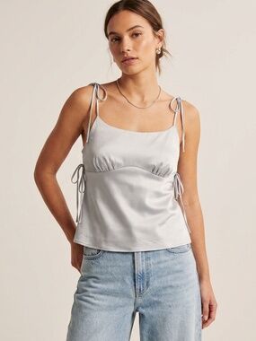 Topshop Silver Satin Tie Shoulder Cami Top Womens Ruched Bust Side Tie Size 4